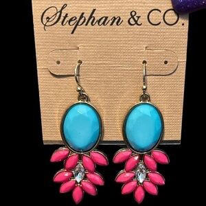 Stephan & CO. Blue, Pink, and Rhinestone Drop Earrings w/ Goldtone Medal Rim